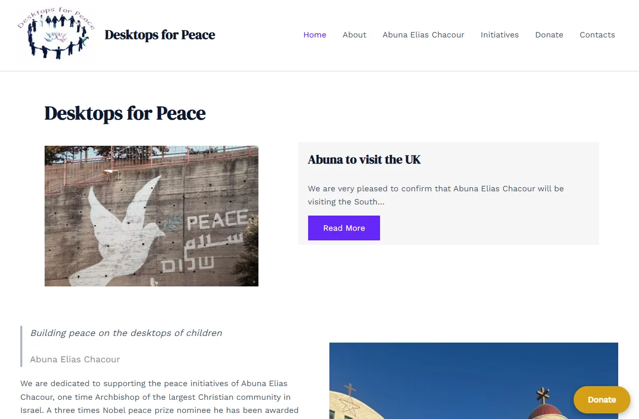 Desktops for Peace website homepage with its peace dove mural
