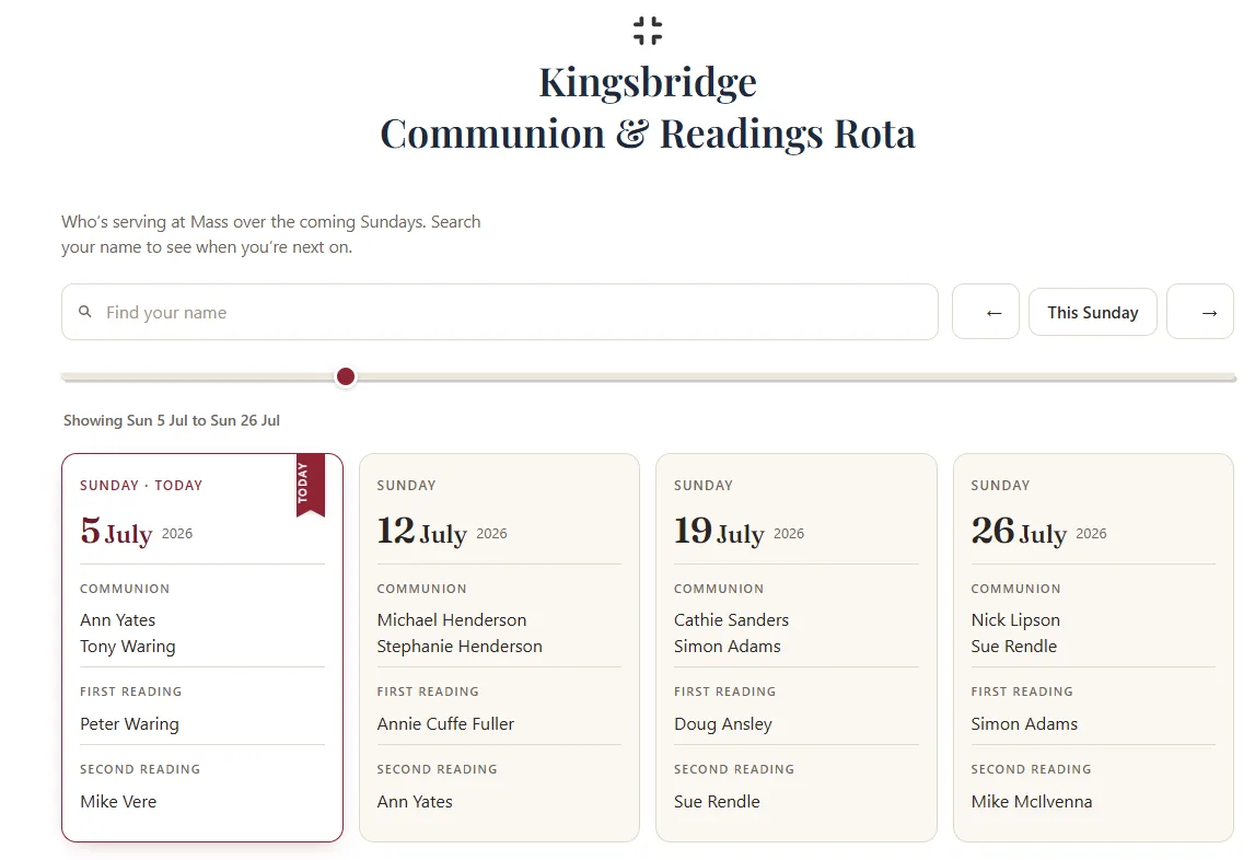 The Kingsbridge communion and readings rota, searchable by name