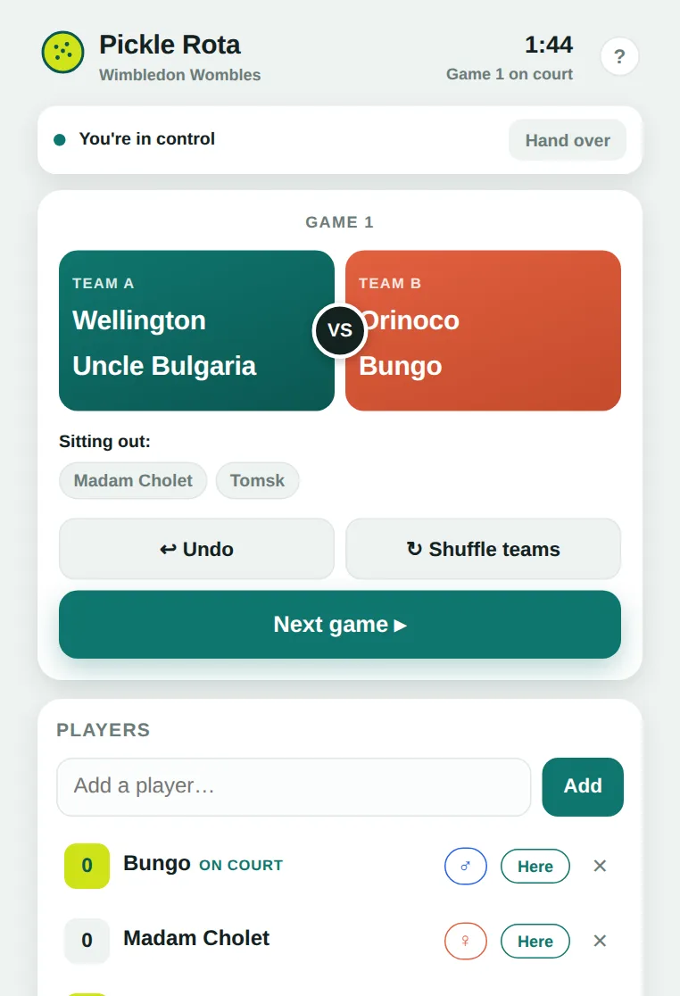 Pickle Rota on a phone: game 1 on court, Team A against Team B, two players sitting out, with undo, shuffle and next-game buttons