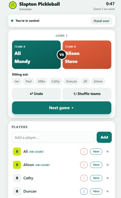 The pickleball scheduler on a phone: the current game, teams, and who's sitting out