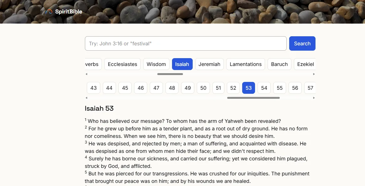 SpiritBible showing Isaiah 53 with a search box and scrolling book and chapter navigation