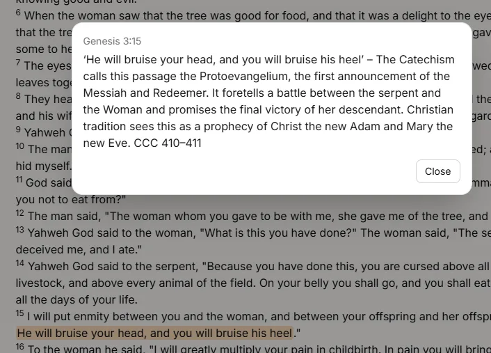 A study note on Genesis 3:15 opened over the passage text