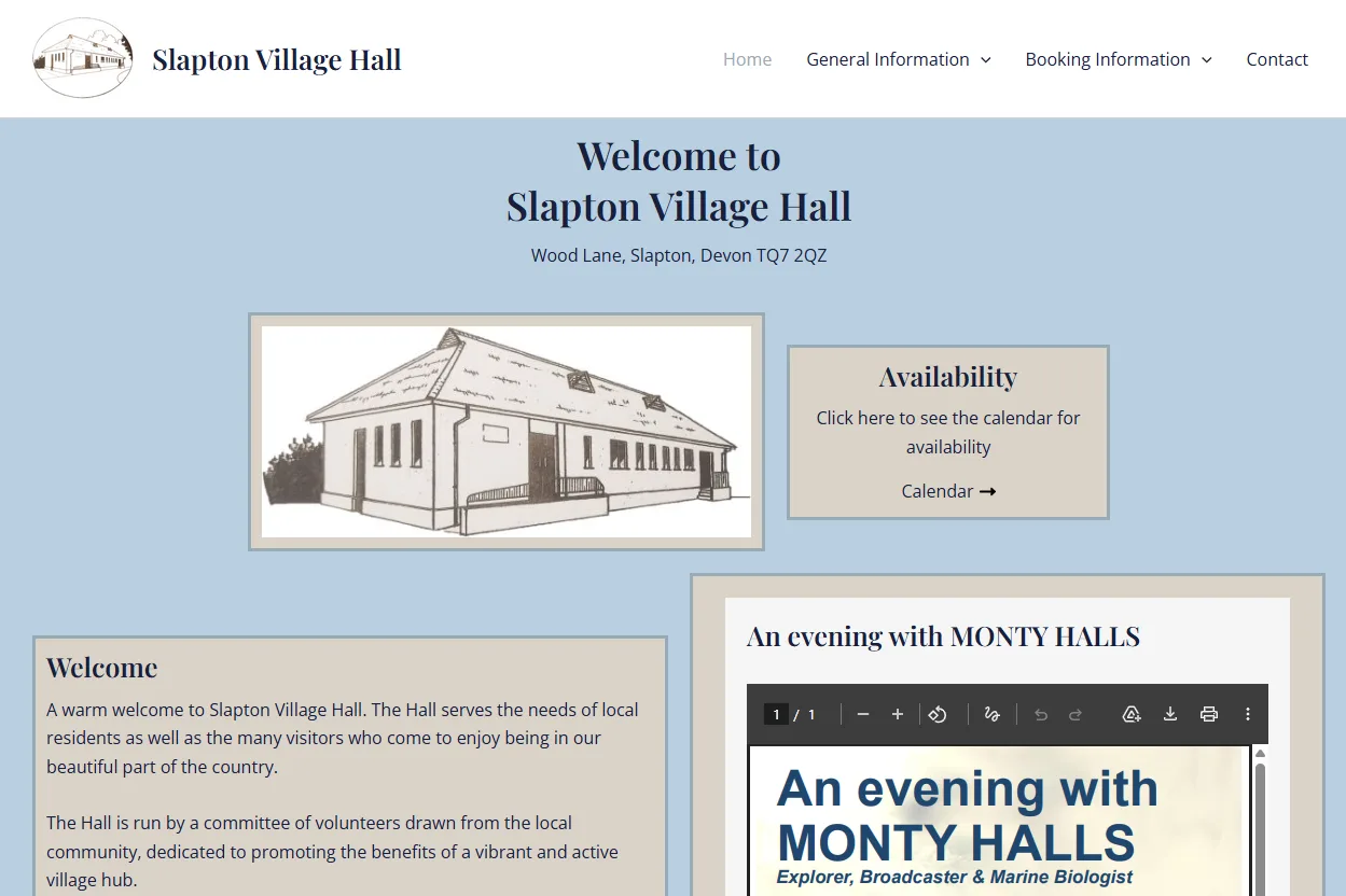 Slapton Village Hall website homepage with its availability calendar